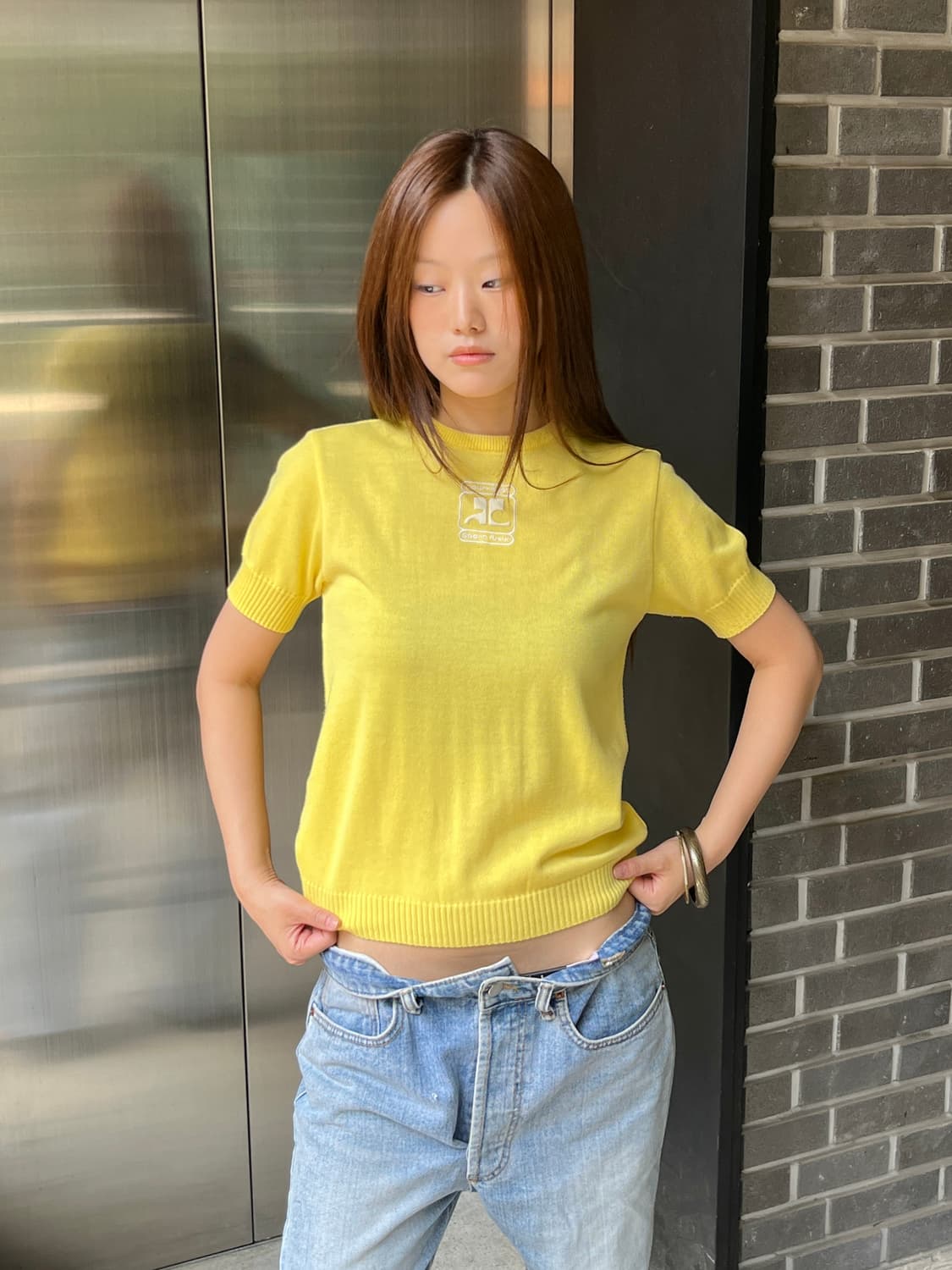 00s Courreges 꾸레쥬 로고 탑 옐로우 상품이미지4