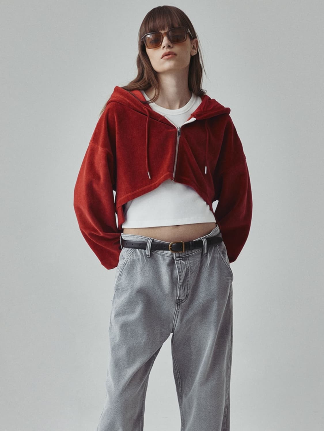 메그제이 벨벳 크롭 후드집업 상품이미지1
