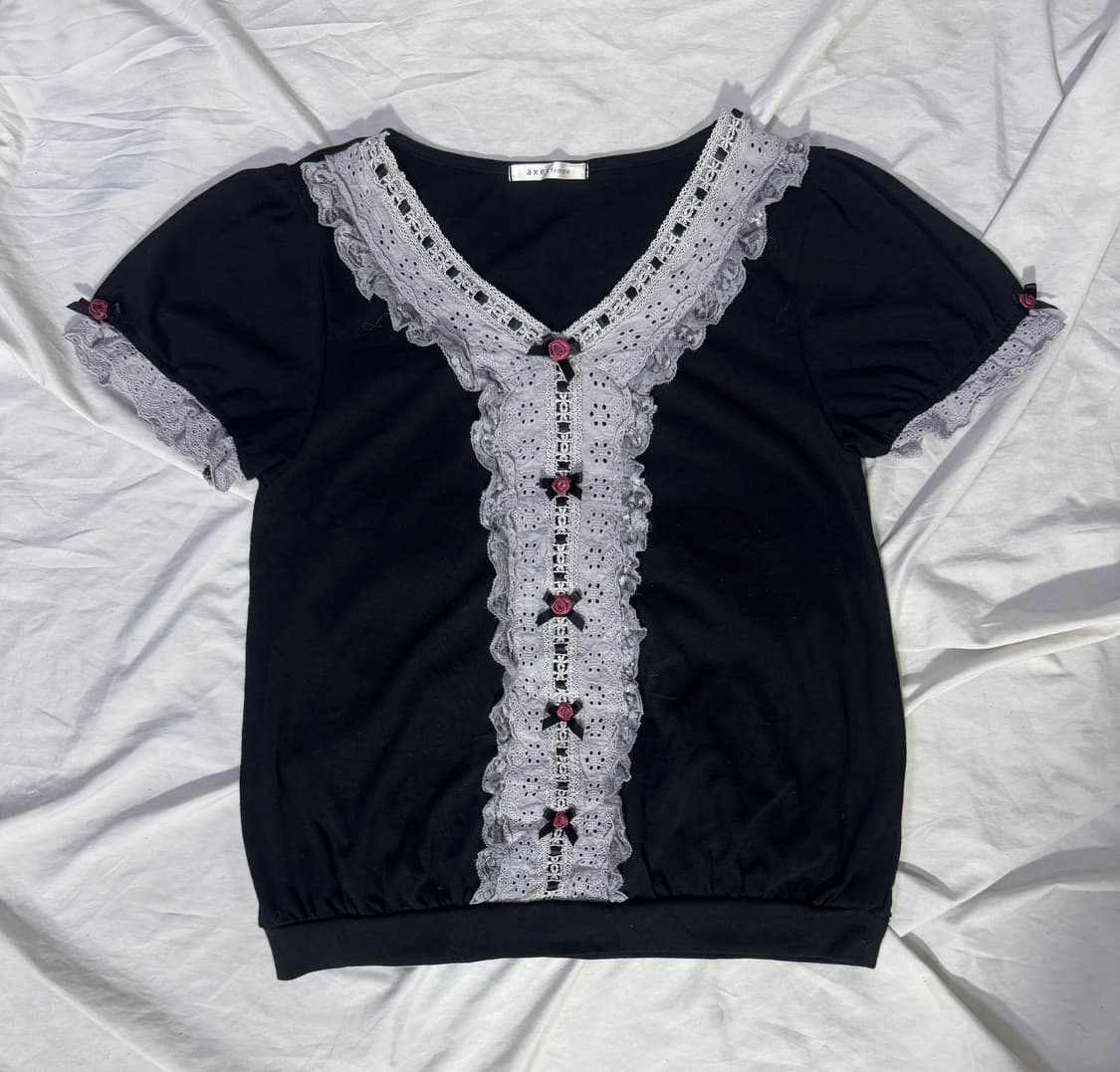 Axes femme 로즈 리본 레이스 퍼프 반팔 니트 고딕 로리타 상품이미지1