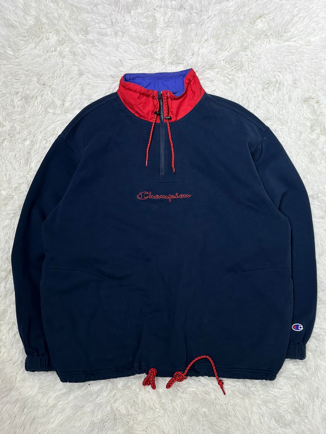 챔피언 네이비 스펠로고 코튼 반집업 상품이미지4