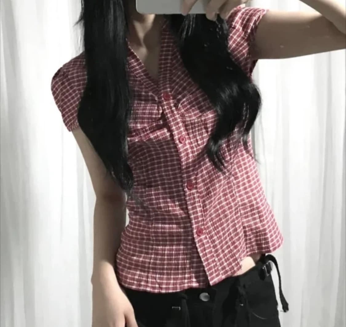 레드 화이트 체크 반팔 셔츠 상품이미지1