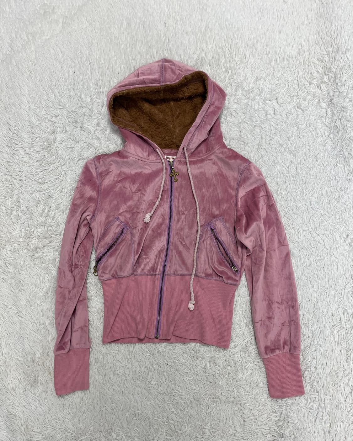 Y2K 핑크 벨루어 양털 크롭 후드집업 상품이미지7