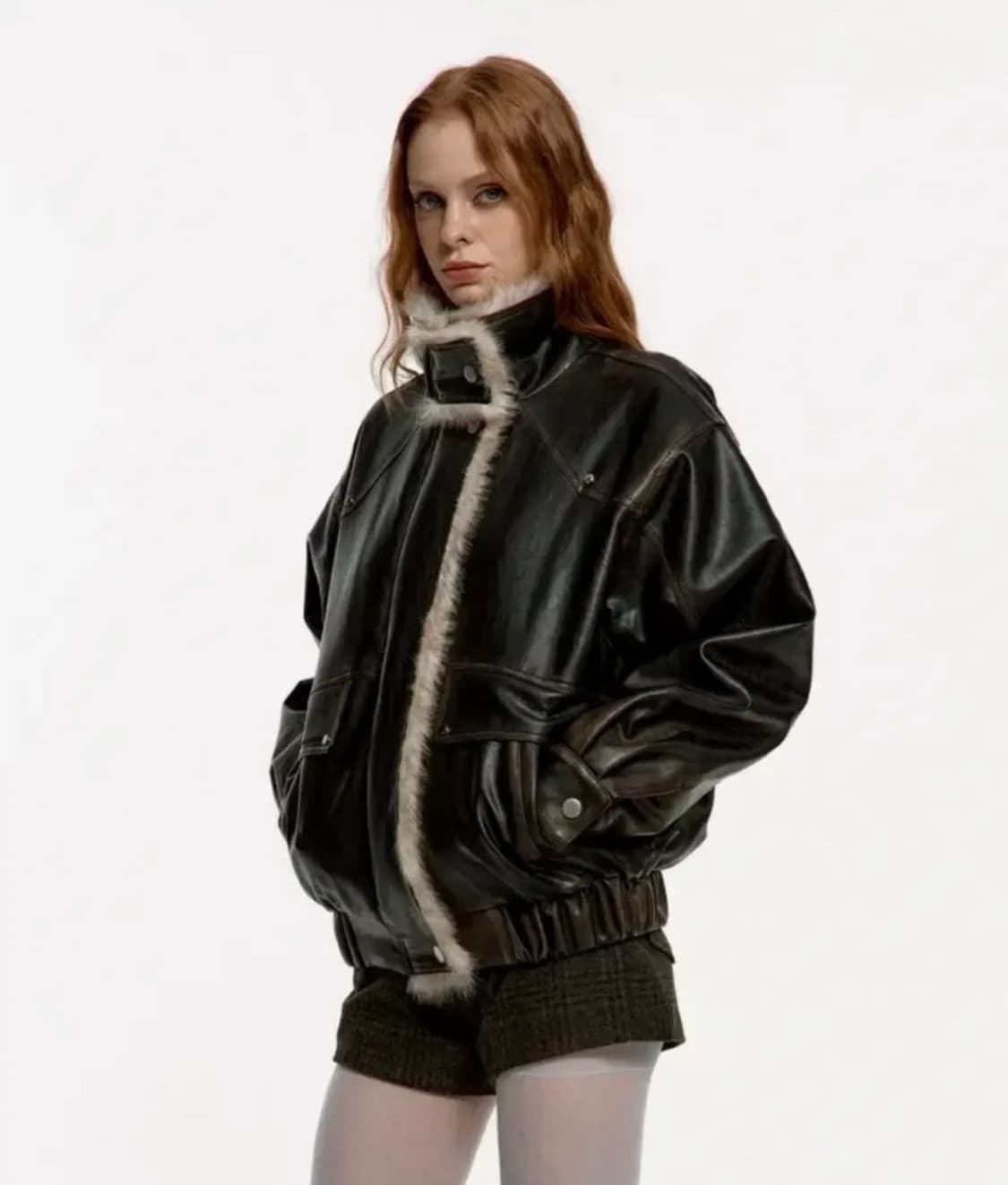 러프넥 워싱 레더 무스탕 자켓 상품이미지1