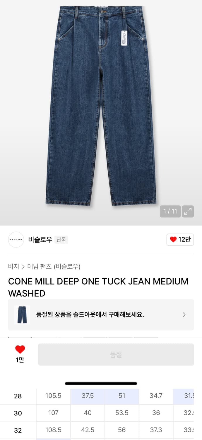30) 비슬로우 원턱 데님 ONE TUCK JEAN MEDIUM WASH 상품이미지1