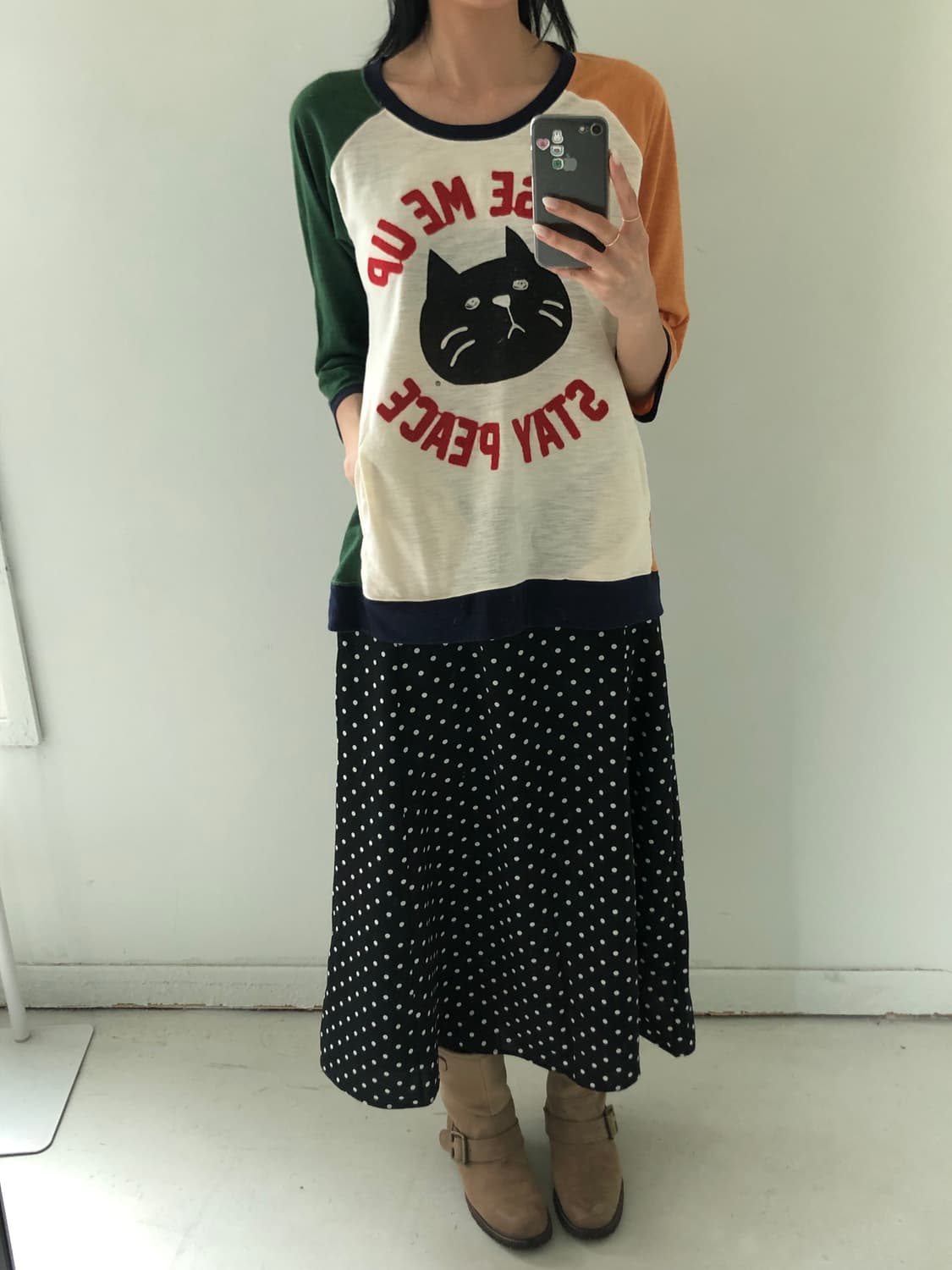 일본빈티지 고양이 자수 티셔츠 상품이미지3