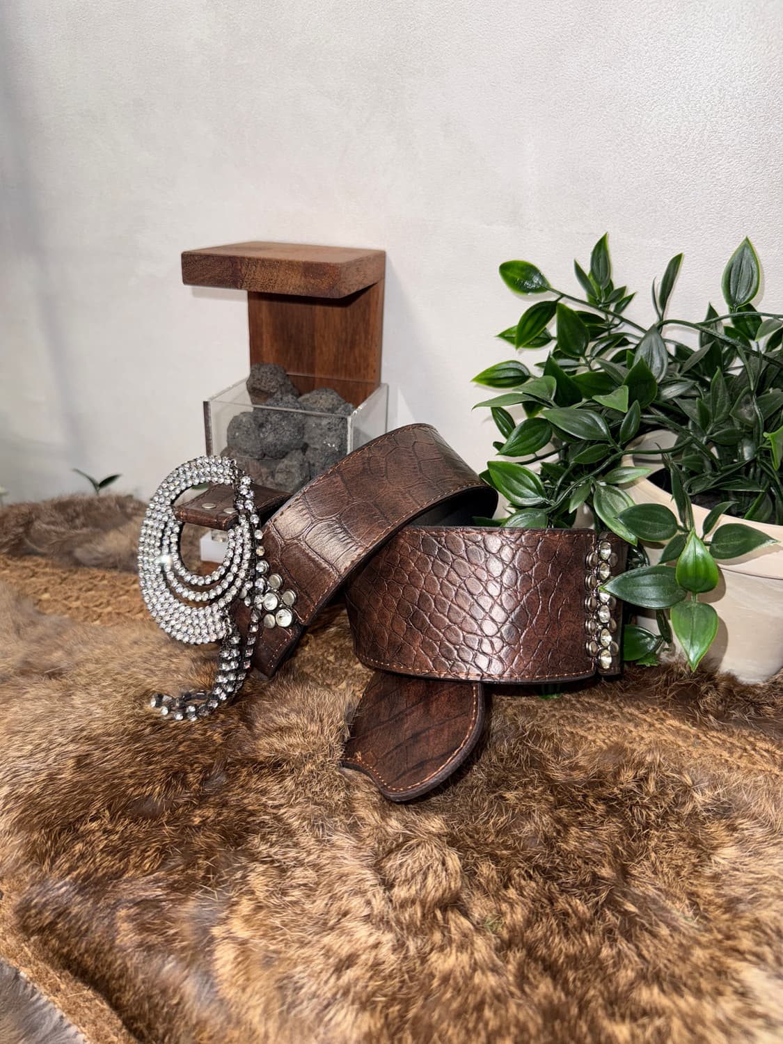 Dark brown python cubic bold buckle belt 상품이미지2