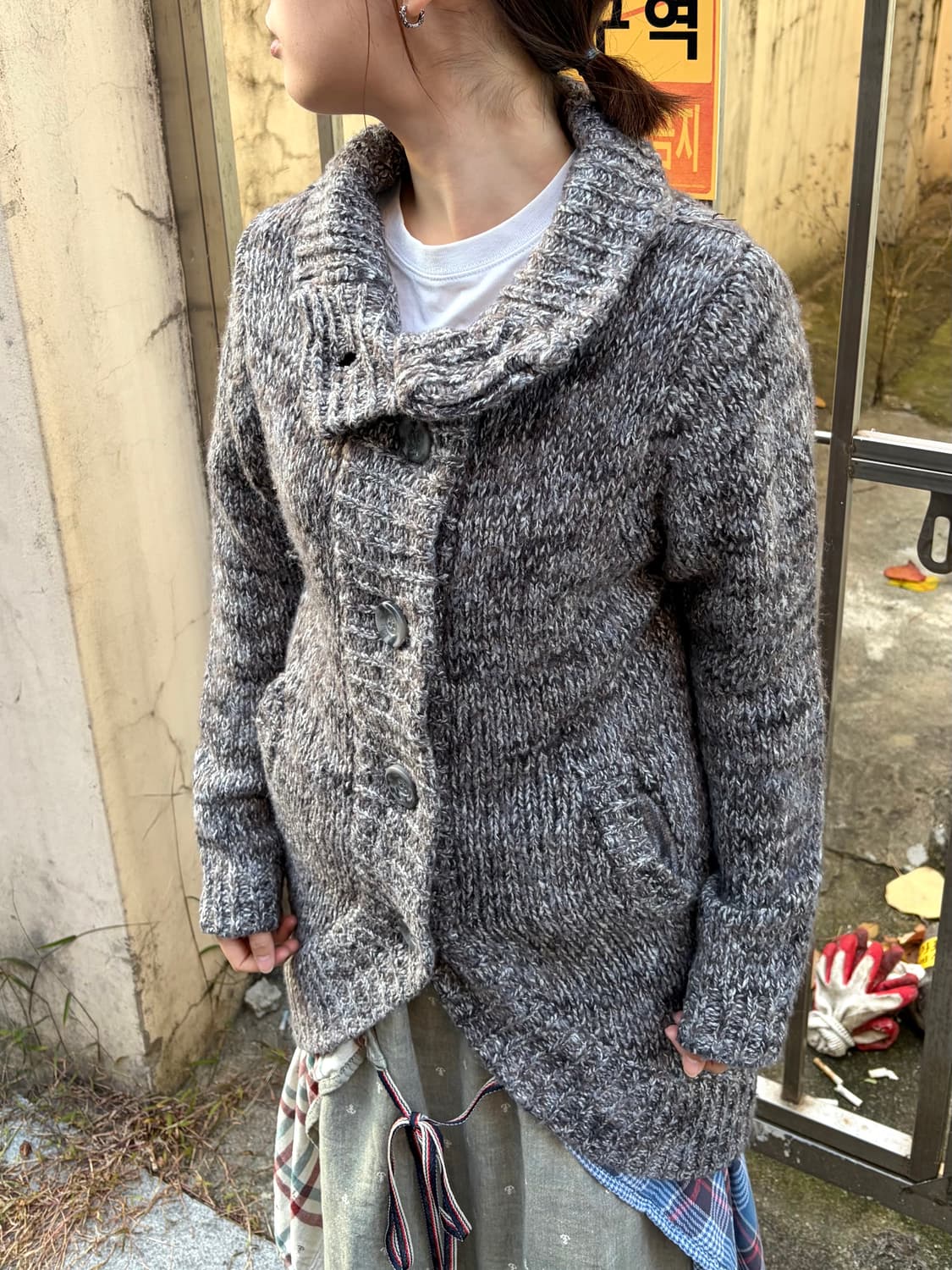 일본 빈티지 모리걸 하이넥 그레이 니트 롱가디건 상품이미지1