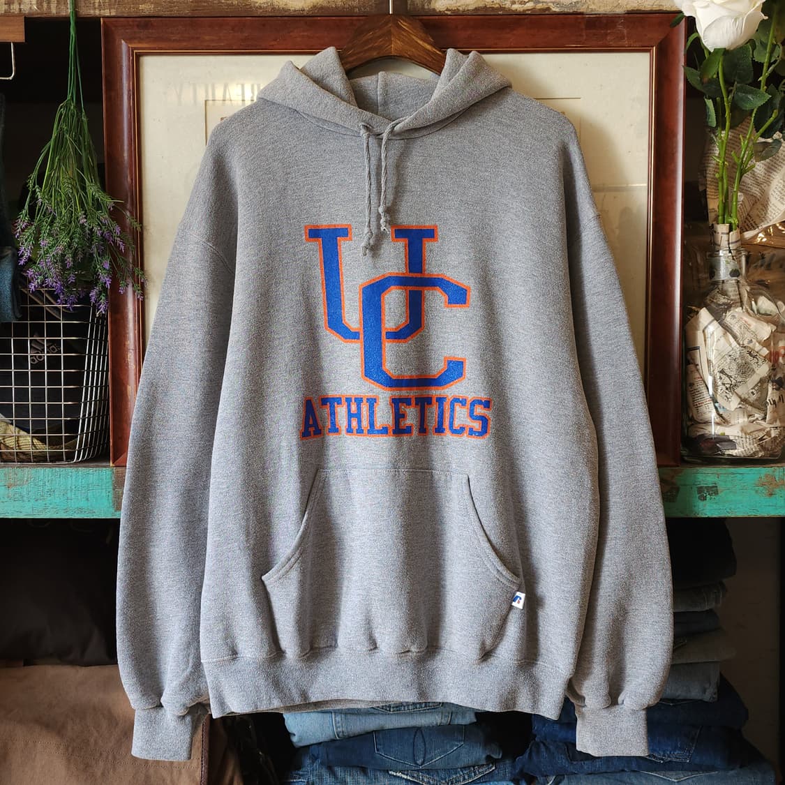 90s 러셀 후드 스웻셔츠 빈티지 레터링 그레이 상품이미지1