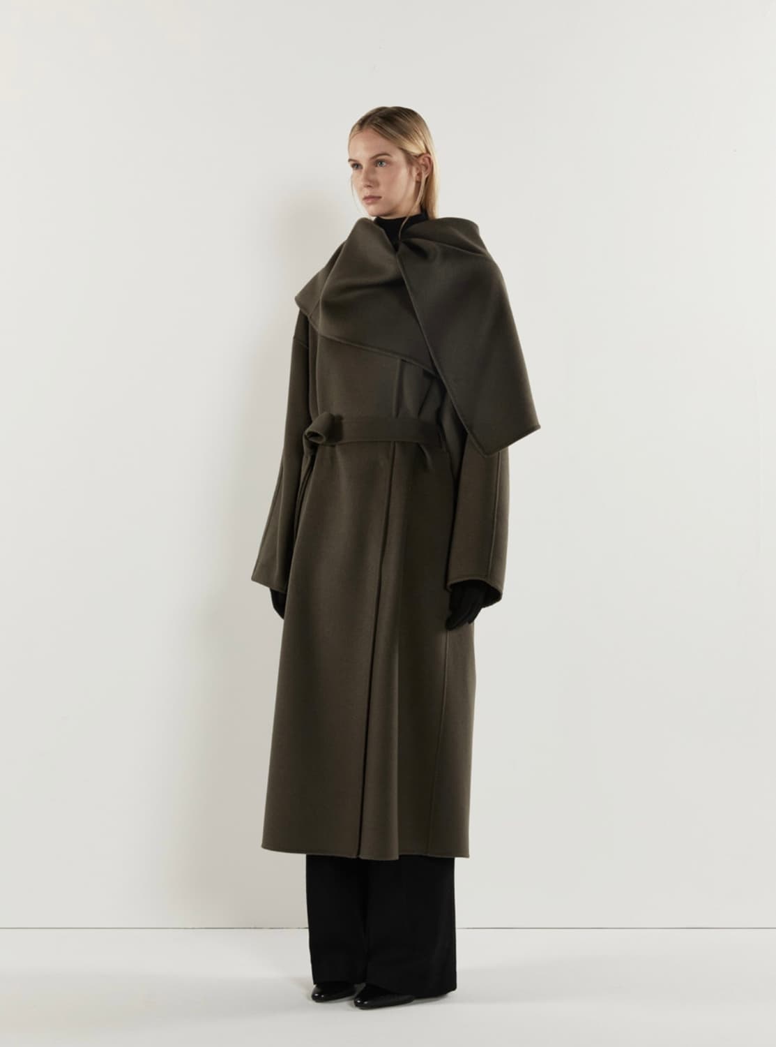 리디피 울 100 드레이프 숄 칼라 롱코트 카키 상품이미지3