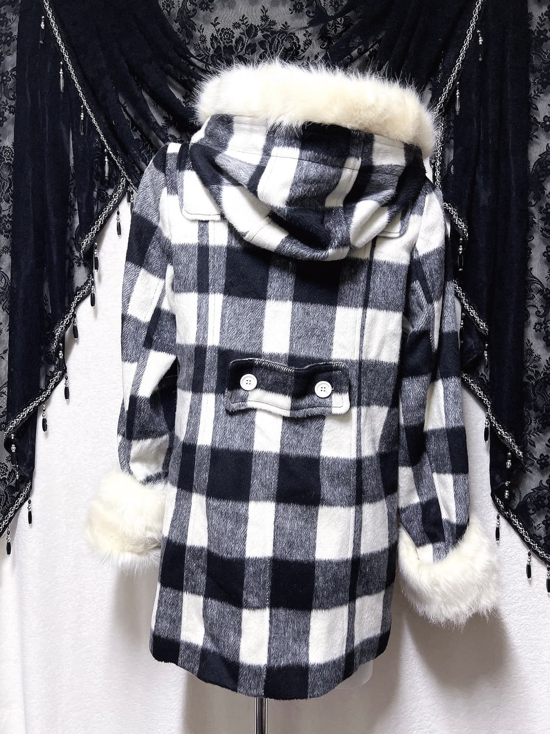 윈터페어리 로맨틱갸루 로걀 체크 퍼 후드 떡볶이코트 자켓 핀터 모리 라떼 상품이미지4