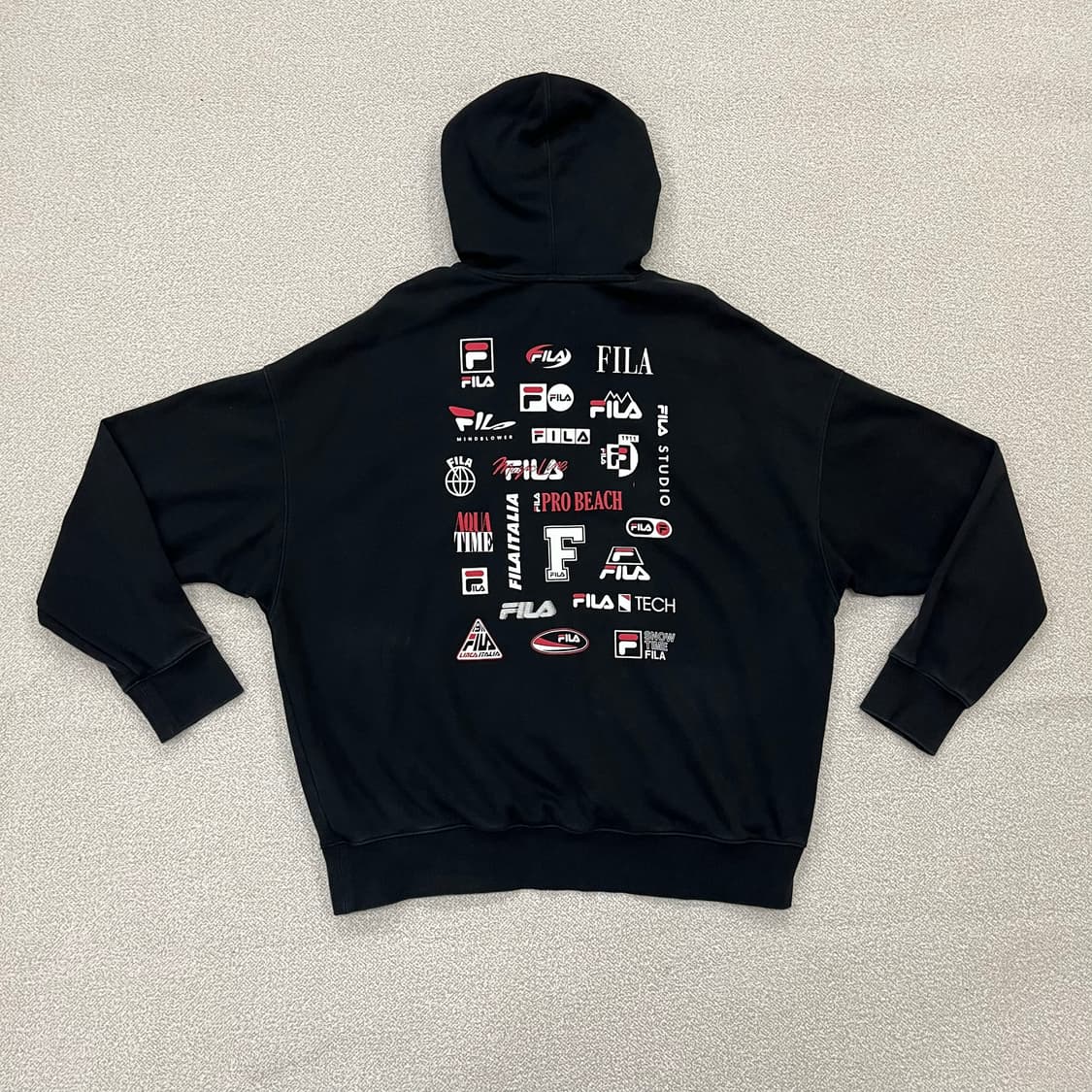 [XL] 휠라 공용 로고레이어드 오버핏 후드티 블랙 3958 상품이미지3