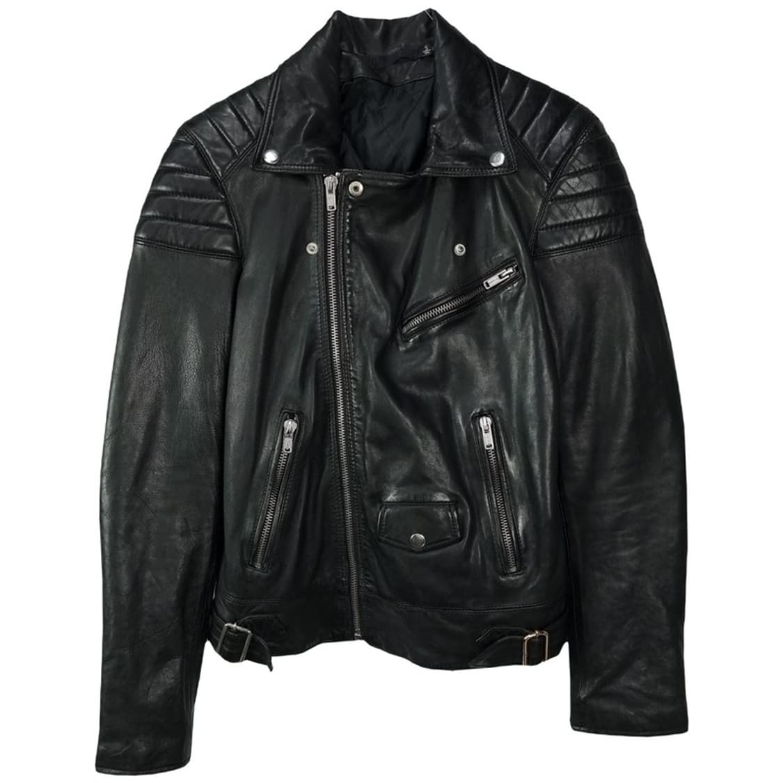 빈티지 리얼 쉽스킨 레더 양가죽 사선 라이더 레더 자켓 블랙 M16807 상품이미지2