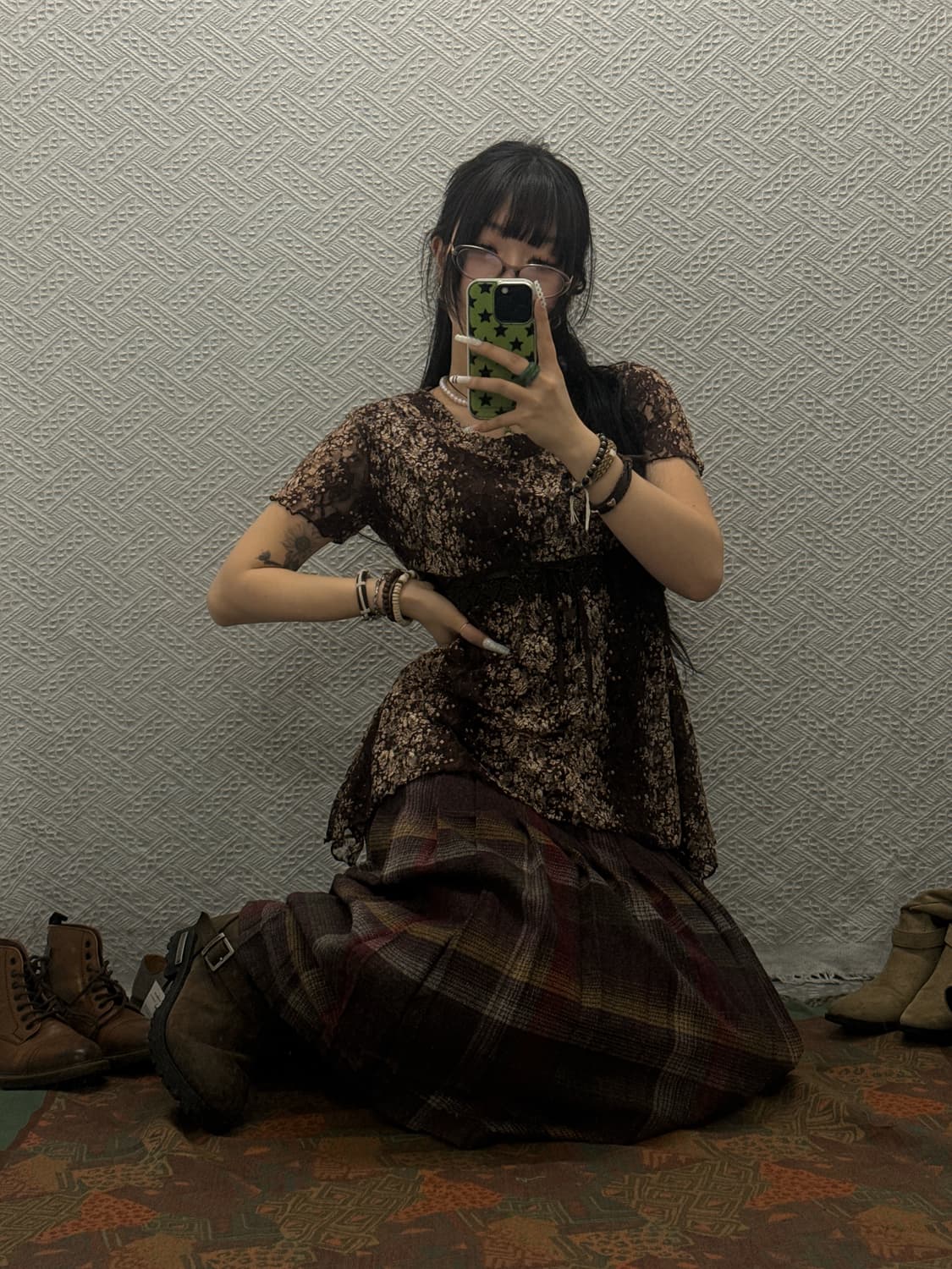 빈티지 레트로 란제리코어 초코브라우니 레이스 조임 반팔티 K0065 상품이미지1