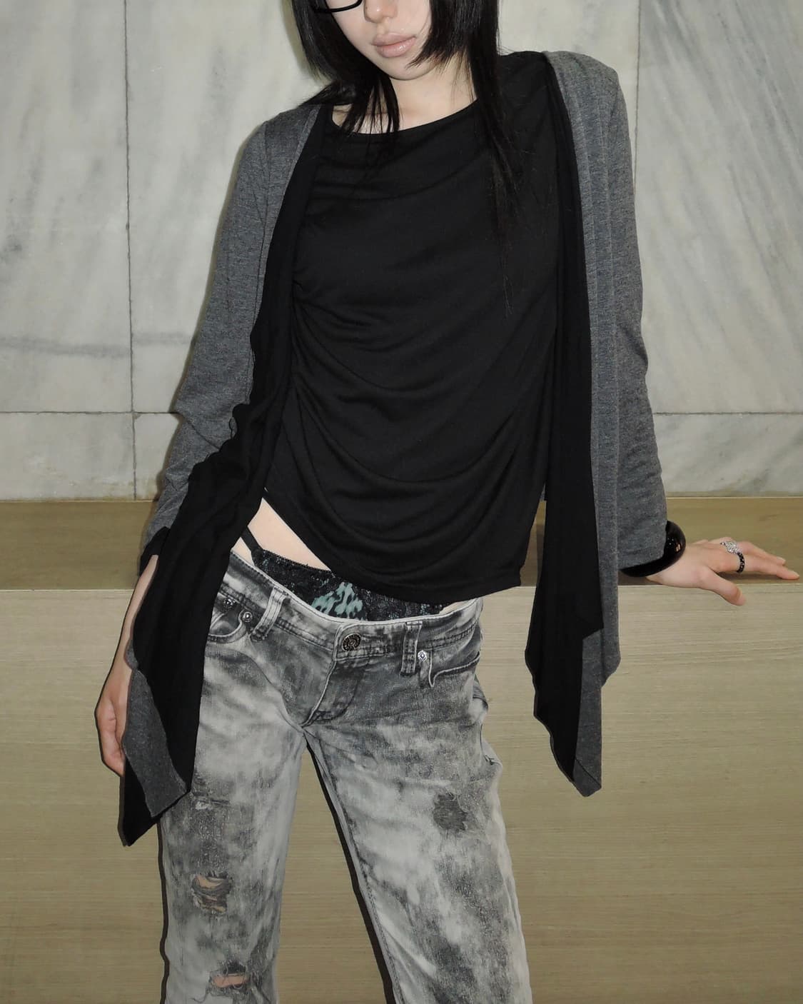 Layered Asymmetric Drape Cardigan 상품이미지2