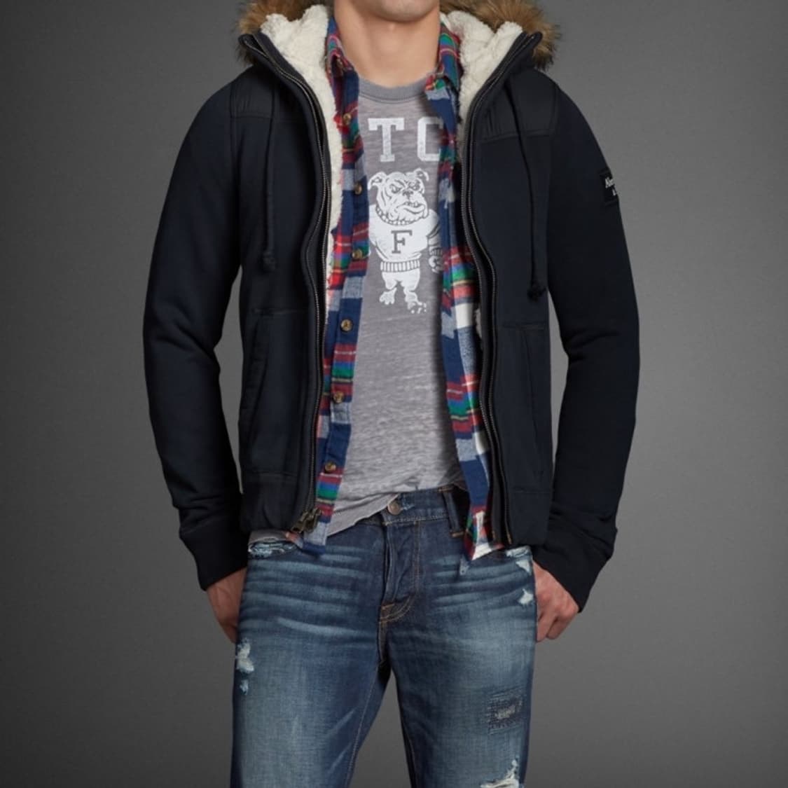 아베크롬비 빈티지 울프죠 퍼 Y2K 후드집업 자켓 네이비 S 상품이미지5