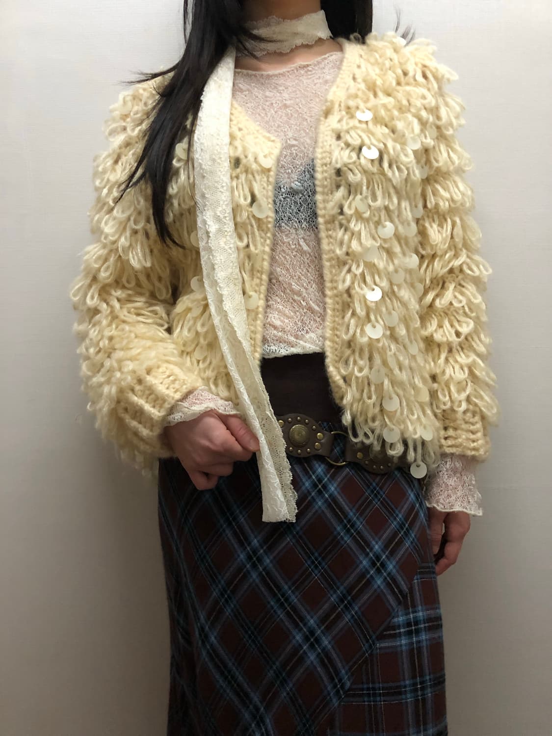 빈티지 아이보리 스팽글 퍼 자켓 상품이미지1