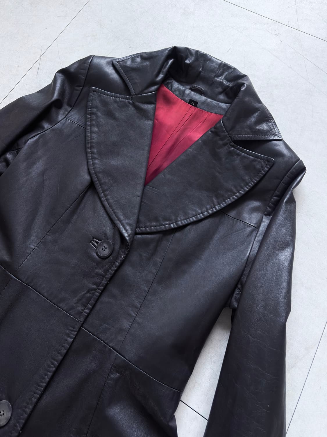 Vintage : Wide Lapel Black Leather Maxi 상품이미지4