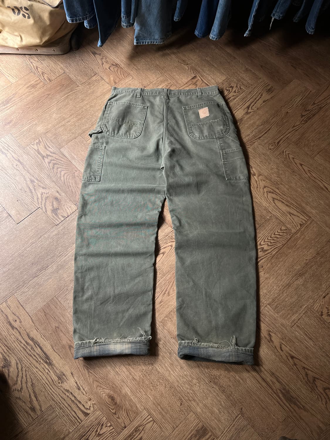 [36]칼하트 USAMade 더티워싱 모스그린 싱글니 체크라이닝 워크팬츠 상품이미지2