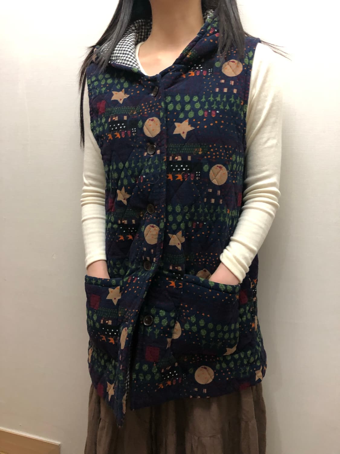 빈티지 네이비 모리걸 프린팅 베스트 패딩 상품이미지3