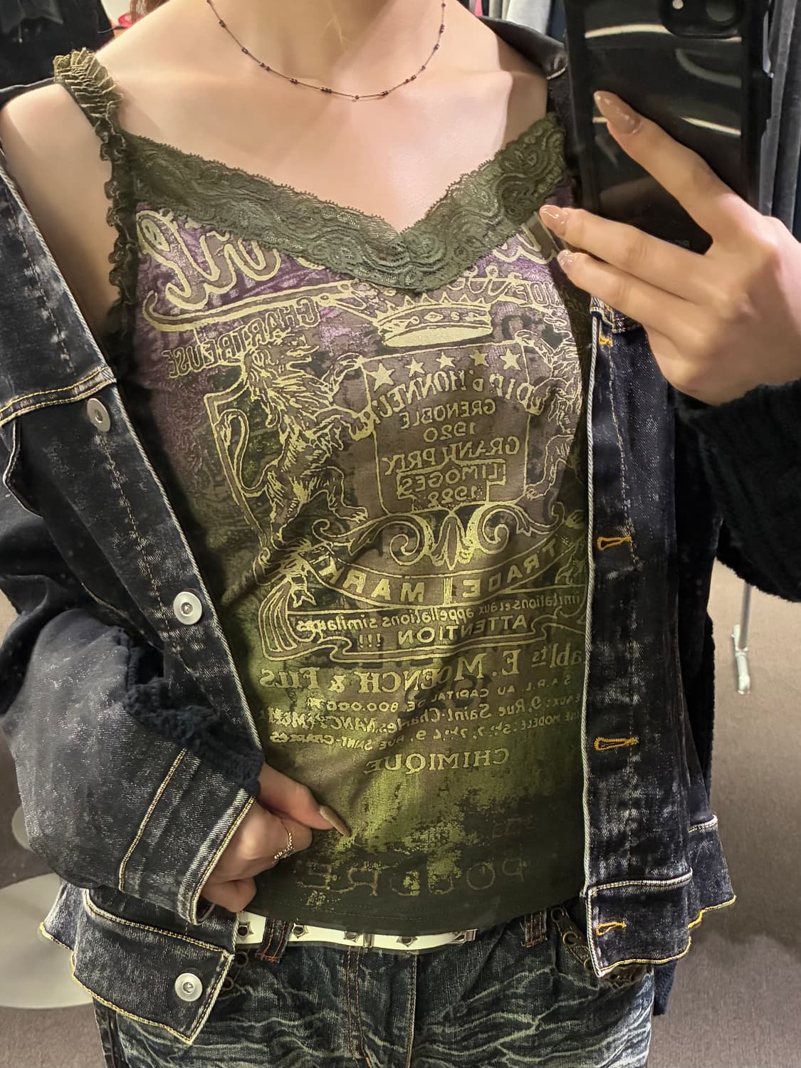 2)Japanese vintage 여성 y2k 레이스 카키색 슬리브리스 상품이미지1