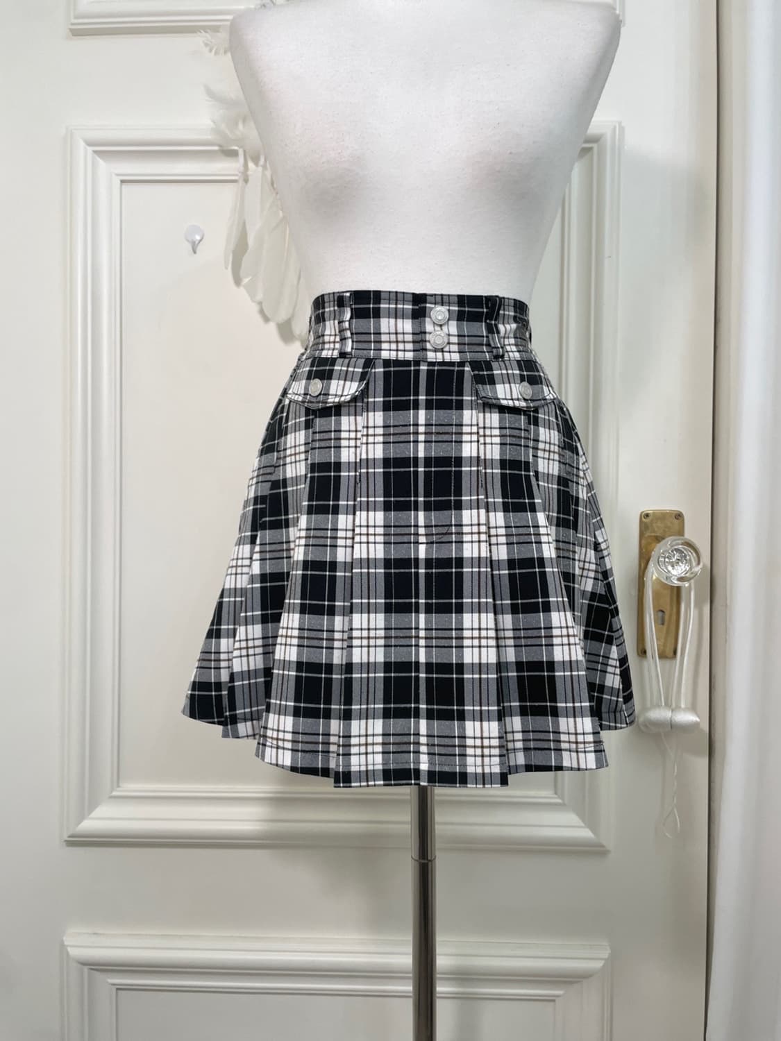 black white check button pleats mini ski 상품이미지5
