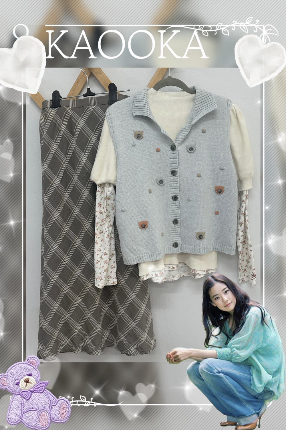 🫧하구미의 레이어드 코디세트🫧 그런지 조끼 니트 사선체크 스커트 상품이미지1