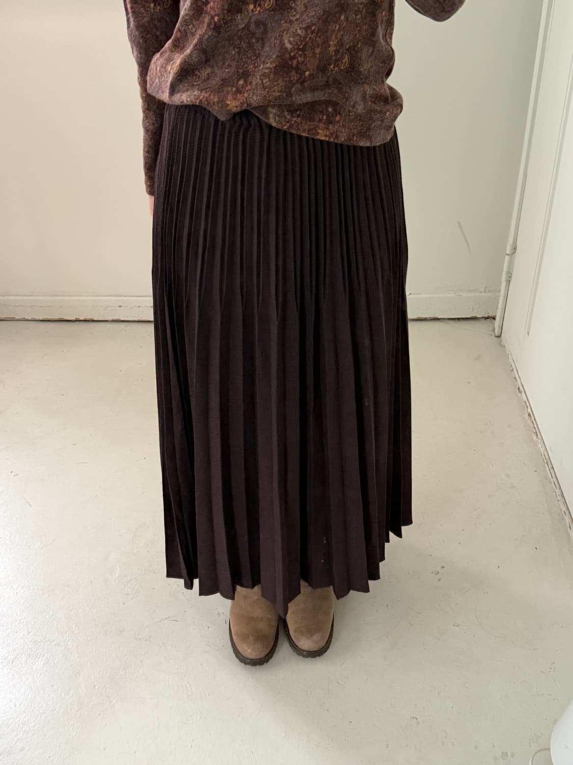 일본빈티지 브라운 체크 플리츠 롱스커트 상품이미지1