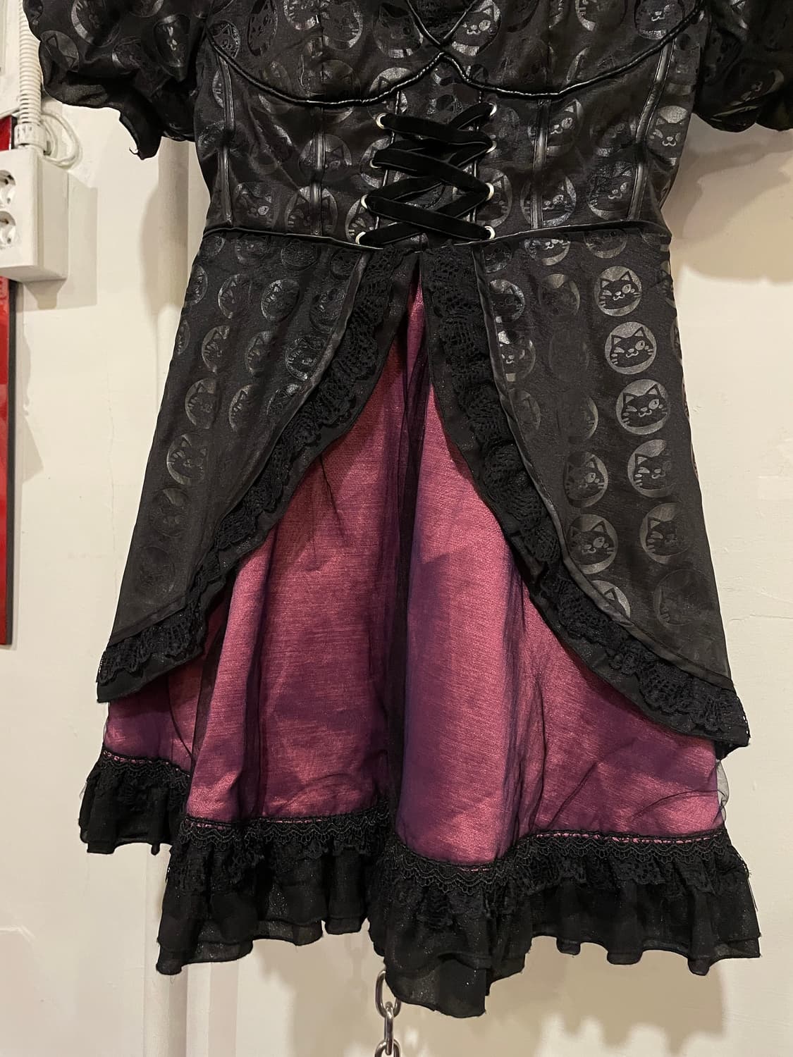 고양이 패턴 아일렛 리본 레이스 레이어드 블랙 원피스 고스 로리 펑크 상품이미지8