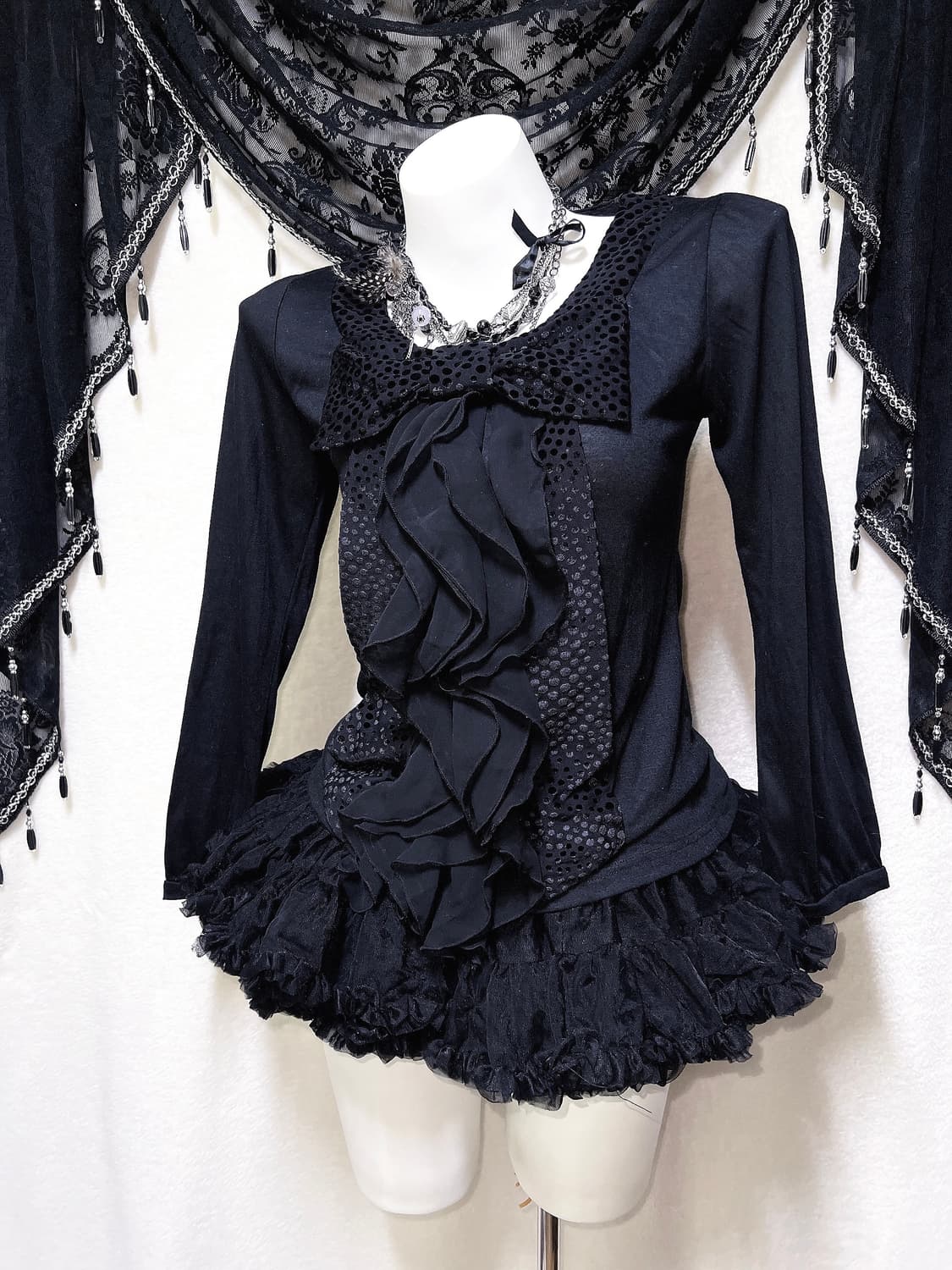 엑시즈팜 로맨틱고딕 왕리본 도트 땡땡이 프릴 로걀탑 공겜 고스로리 핀터 상품이미지2