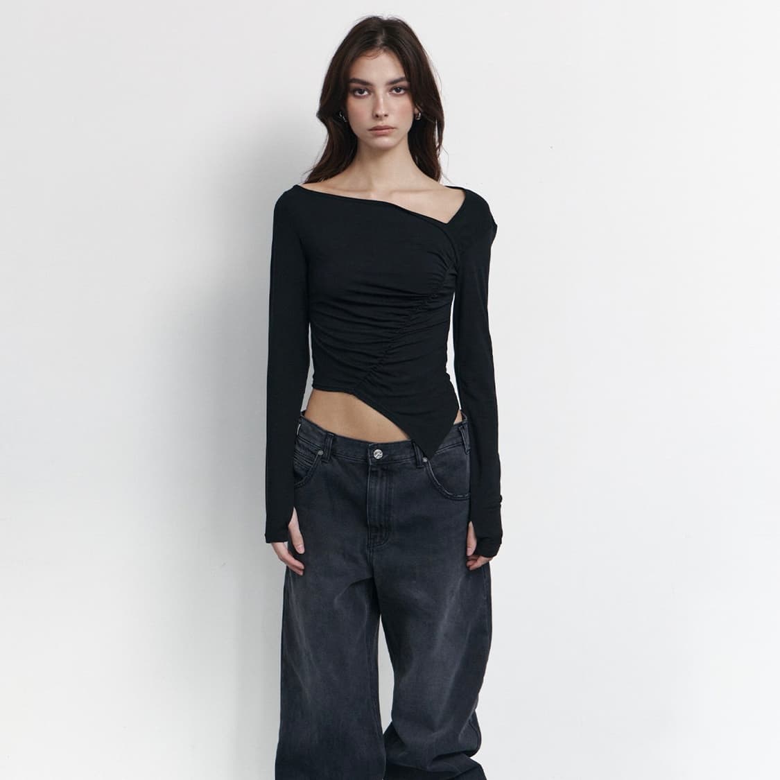 Sadie Unbal Shirring Long Sleeve Top 상품이미지3