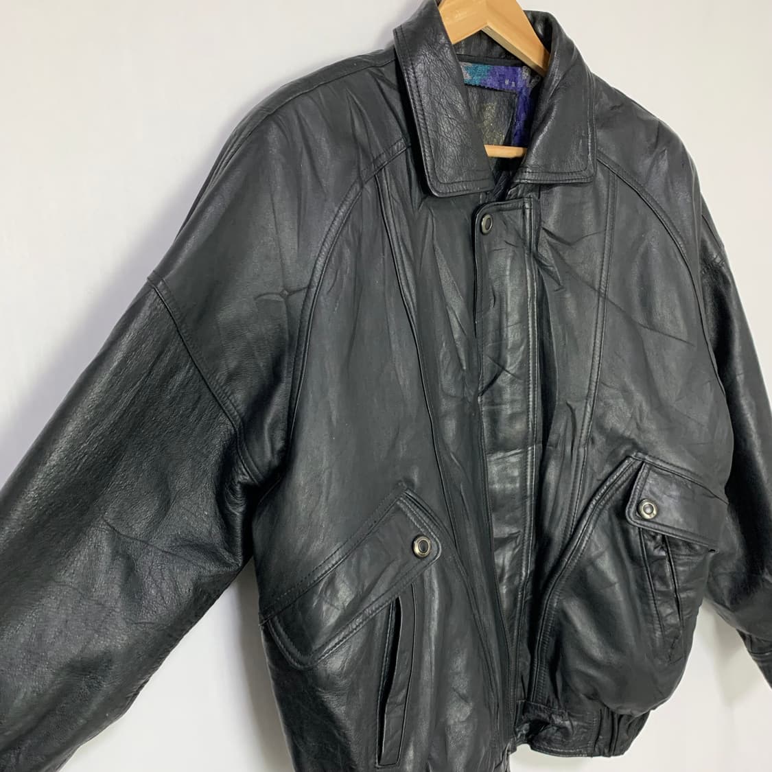 빈티지 블랙 양가죽 리얼레더 봄버 자켓 52사이즈 남녀공용 빈티지 상품이미지4