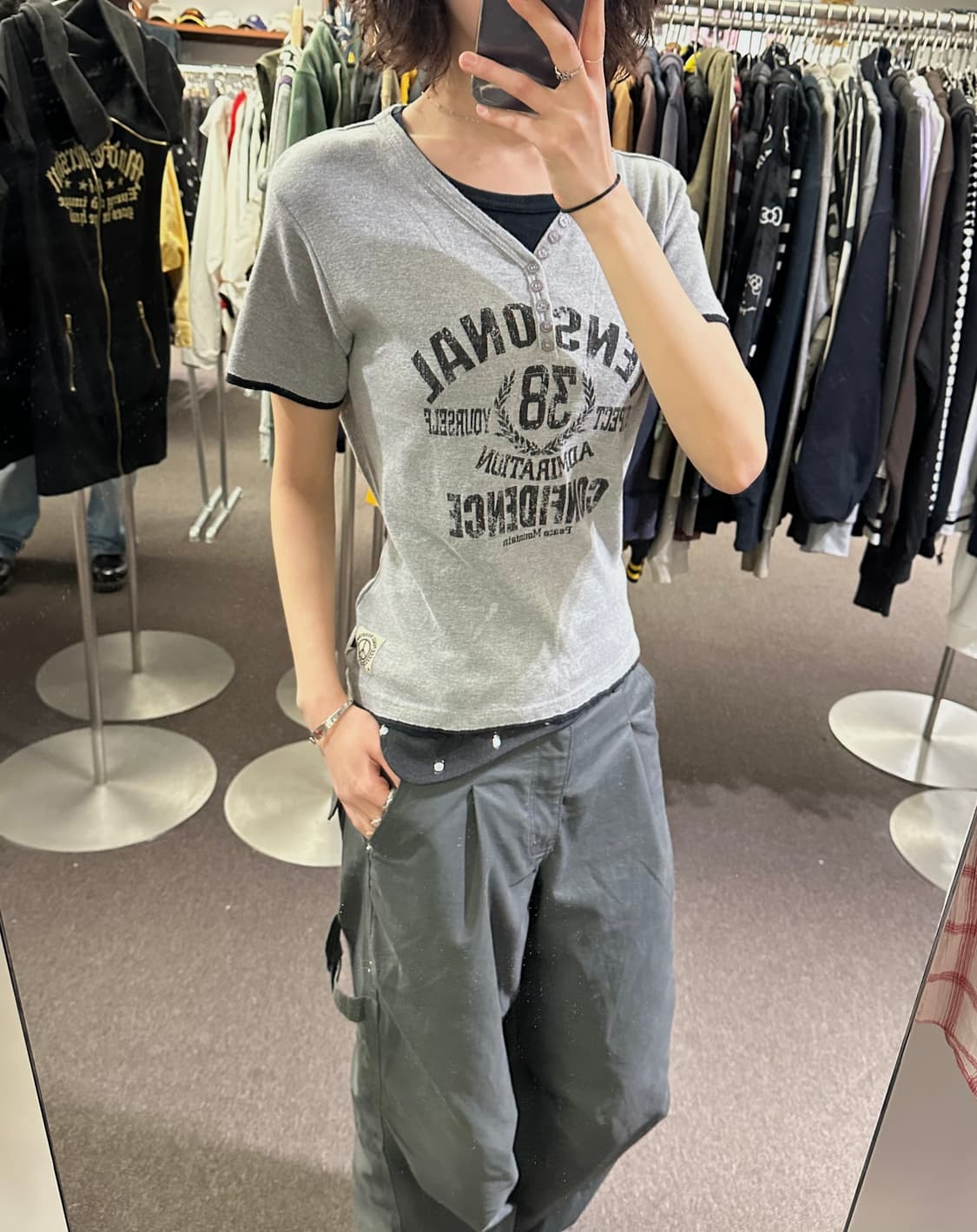 XL)Japanese vintage 여성 그레이 헨리넥 레이어드 반팔 상품이미지1