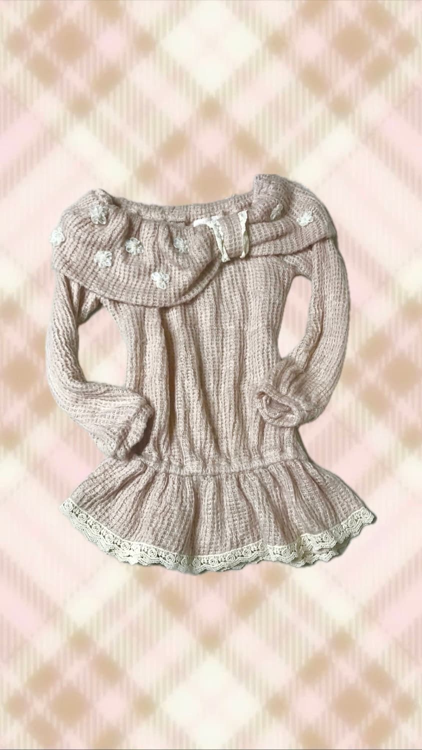 리즈리사 리본 레이스 오프숄더 니트 원피스 라떼 히메 갸루 러블리 빈티지 상품이미지1