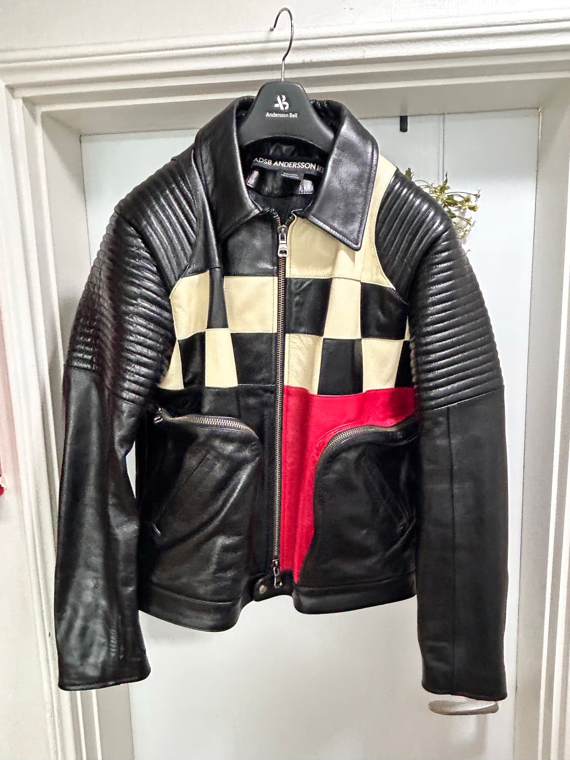 (XL)앤더슨벨 24FW 체커보드 가죽 바이커 자켓 상품이미지1