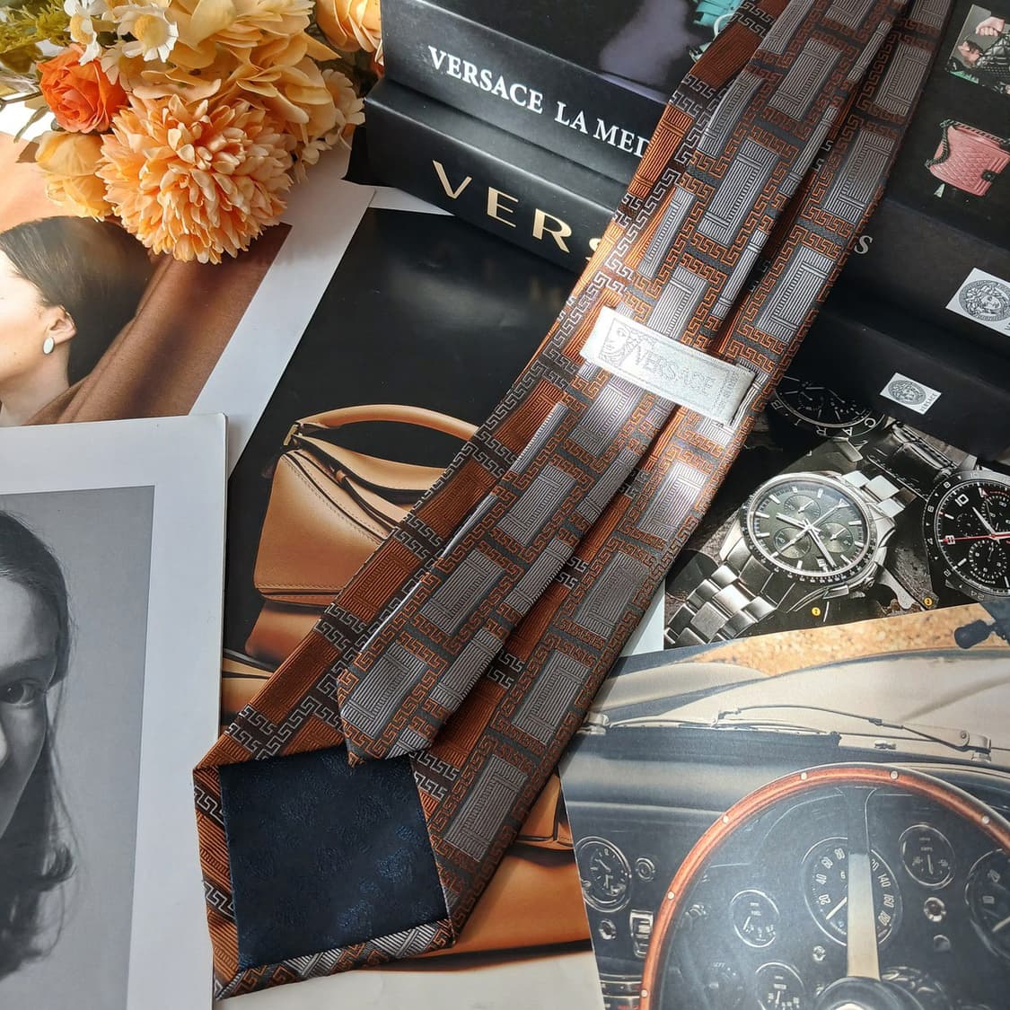 베르사체 실크 브라운 메두사 자수 넥타이 9.6cm A+등급 A19490 상품이미지5