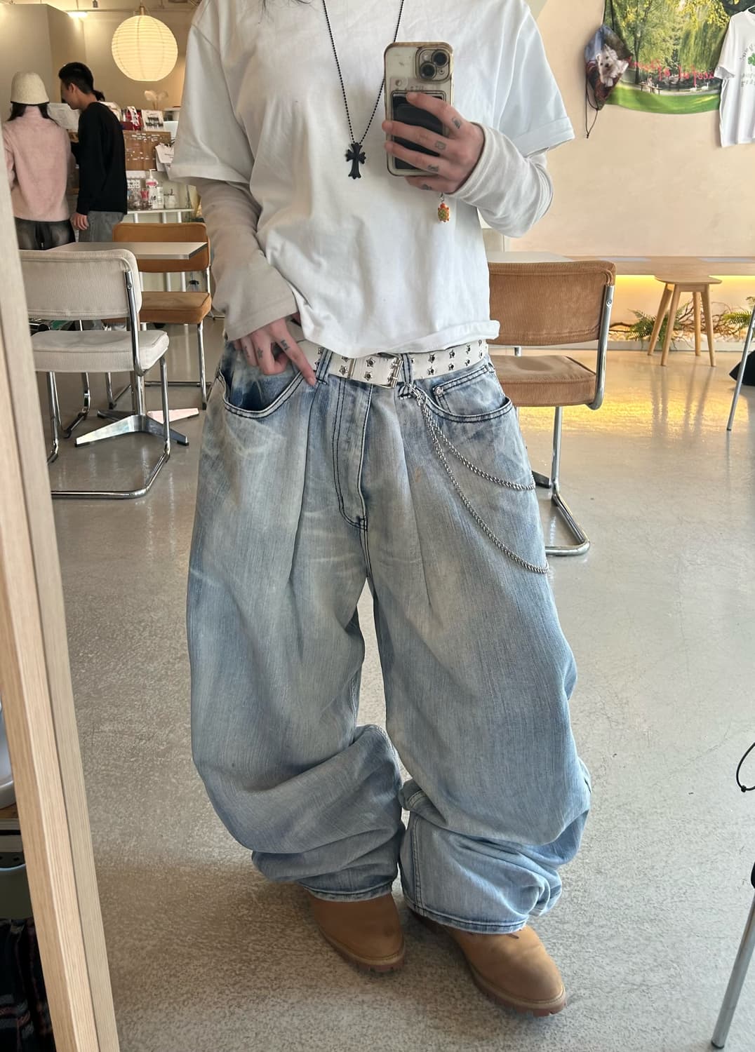 90s 빈티지 스터드십자가 아이스워싱 와이드팬츠 상품이미지2