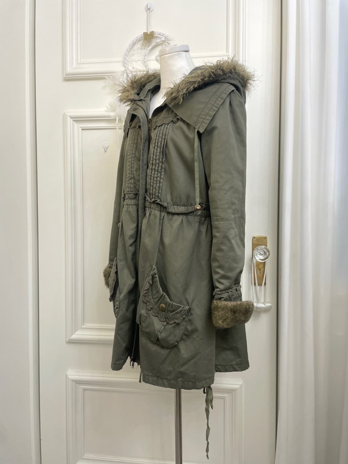 AXES FEMME khaki lace point fur hoodie 상품이미지2