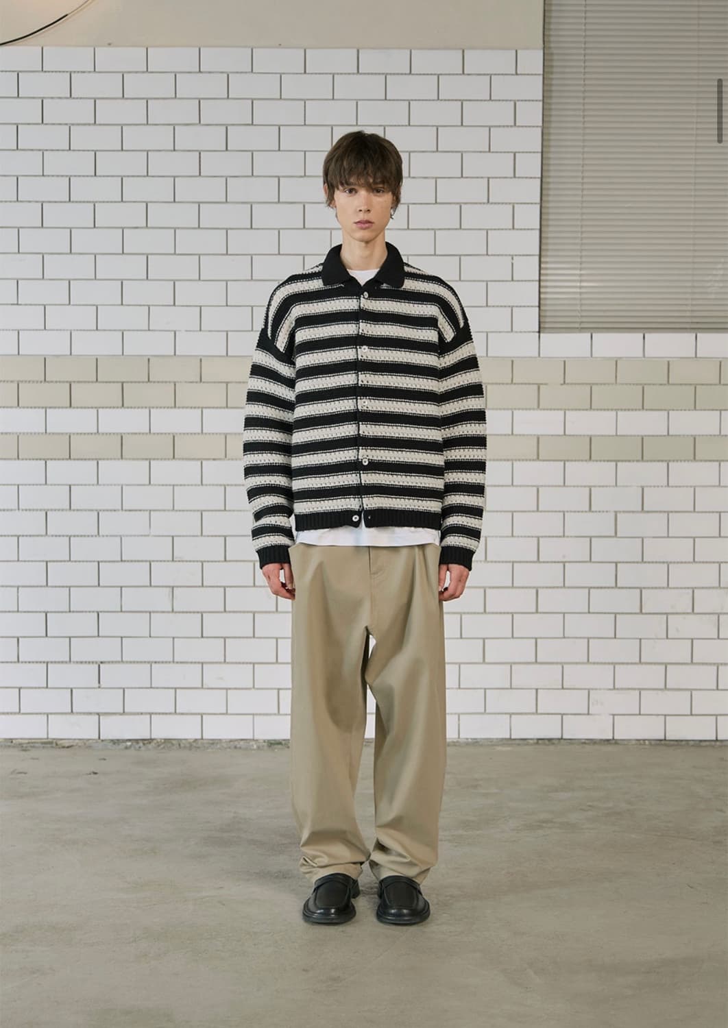 Stu 울 카라 스트라이프 가디건 블랙 m 상품이미지1