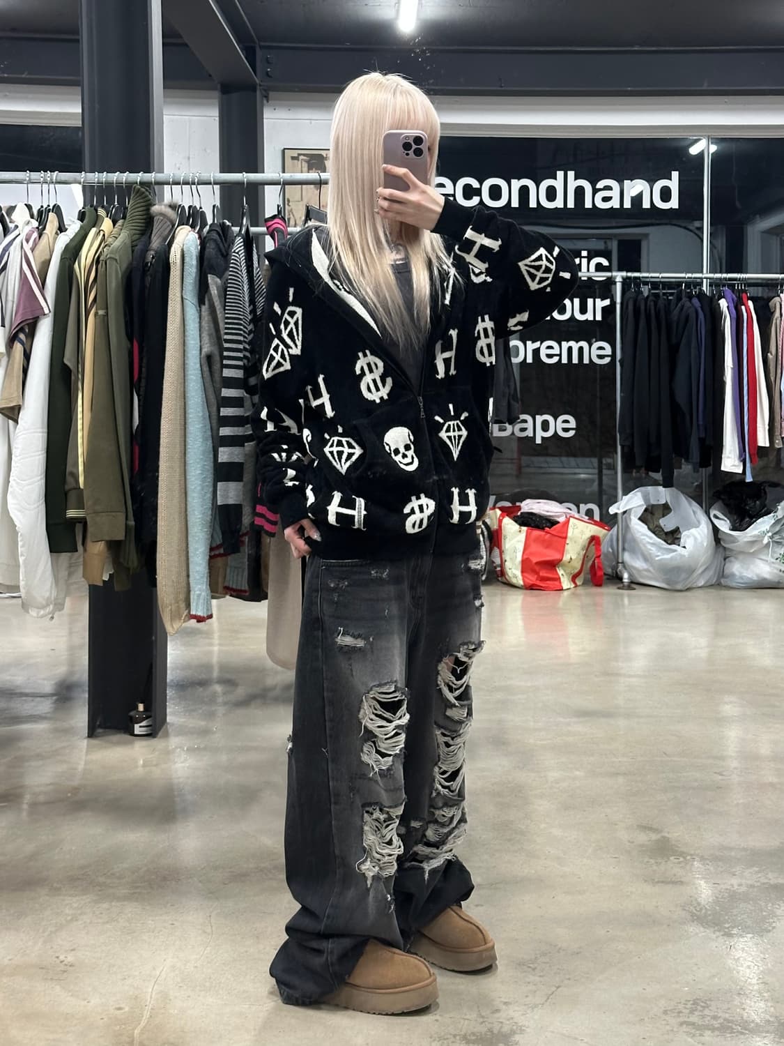 히스테릭 글래머 해골 보석 돈 테리 소재 플리스 후드 집업 상품이미지3