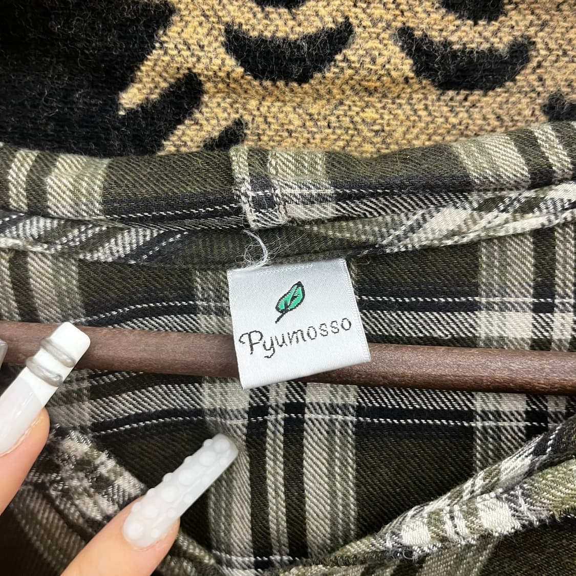 빈티지 러블리 코지 타탄체크 말차카키 셔링 후드 블라우스 K0109 상품이미지5