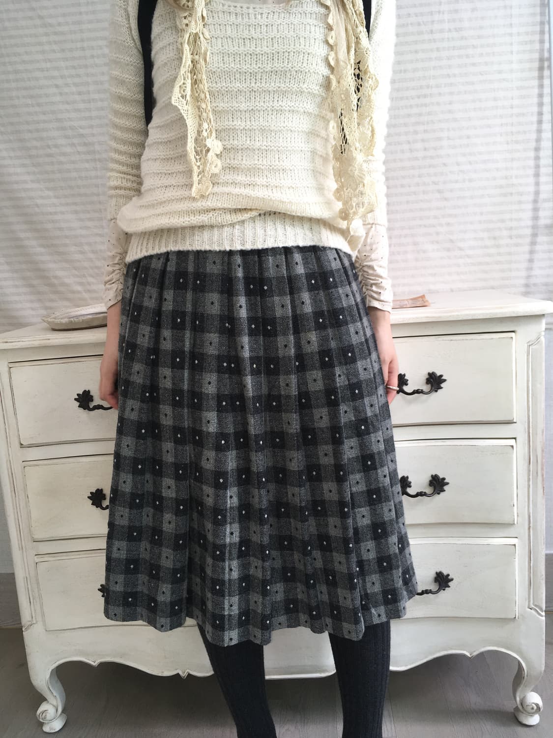 jpn vintage charcoal dot check skirt 상품이미지4