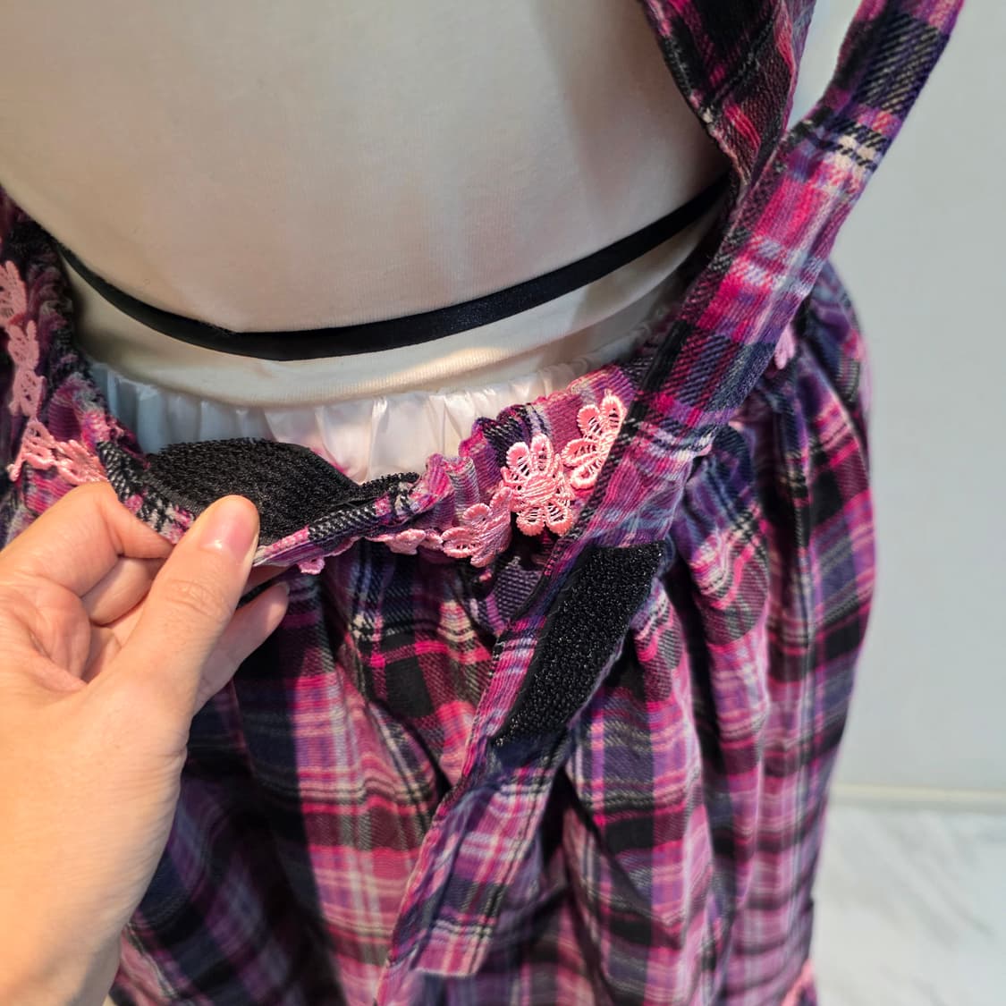 핑크x퍼플 체크패치워크 꽃자수 모리걸 앞치마깔st 롱원피스 상품이미지4