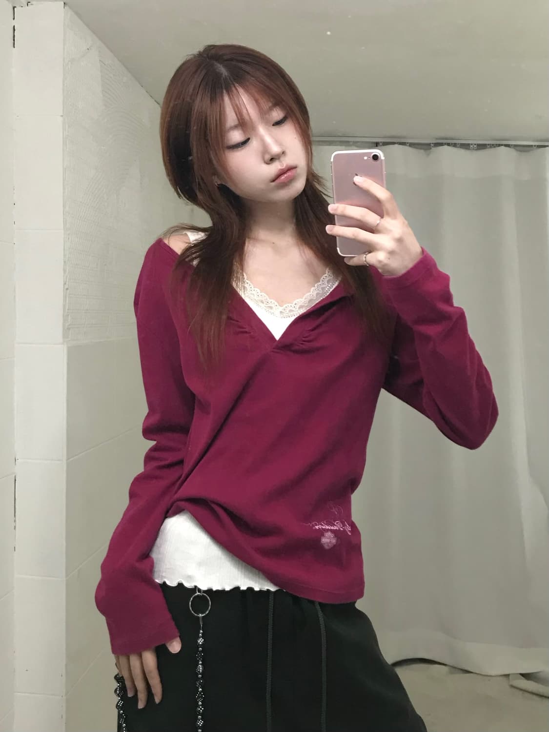 (상의 세트) 할리데이비슨 셔링 브이넥 롱슬리브 + 레이스 나시 상품이미지1