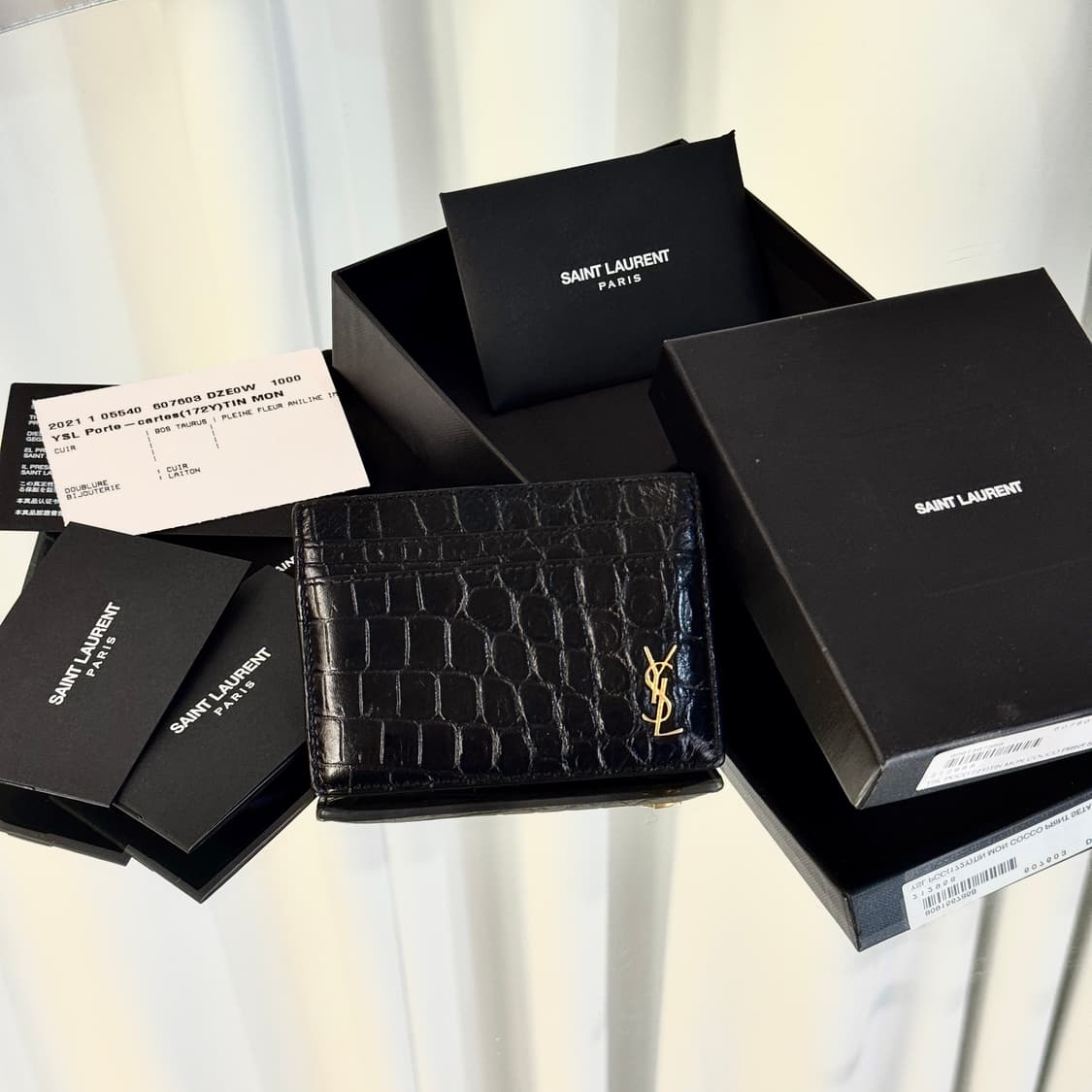 [새상품급/풀구성] 입생로랑 크로커다일 카드지갑 블랙 골드 상품이미지1
