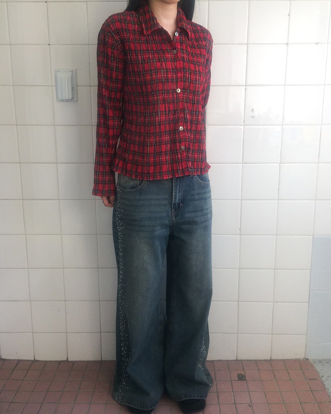 Check pattern pleats shirt 상품이미지5