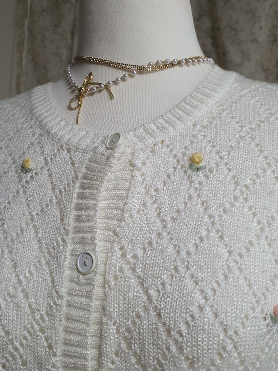 [일본빈티지] 플라워 자수 화이트 니트 가디건 상품이미지3