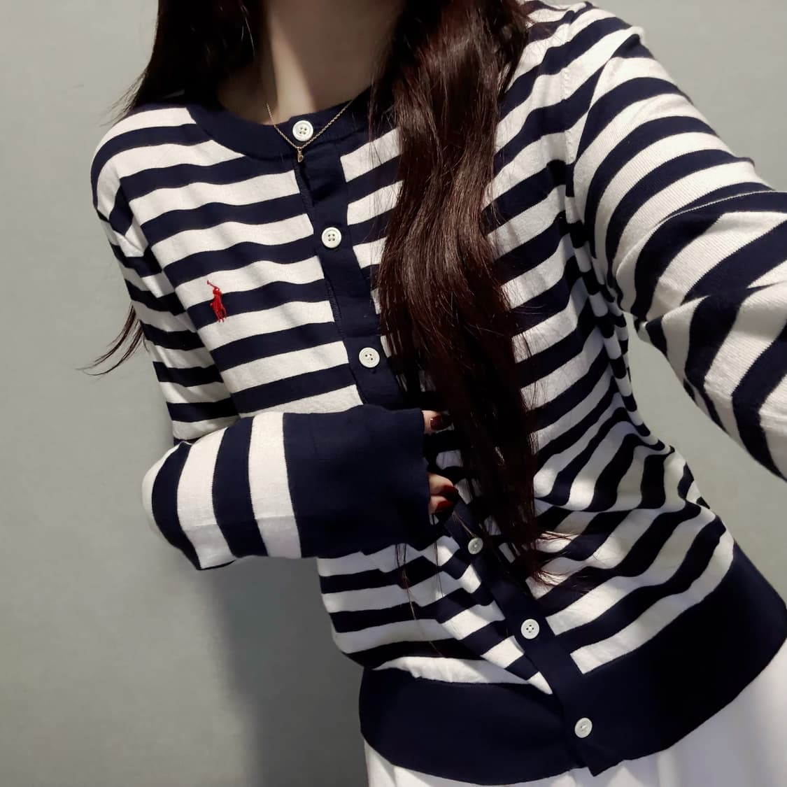 폴로 랄프로렌 네이비 화이트 스트라이프 코튼 가디건(qr) 상품이미지1