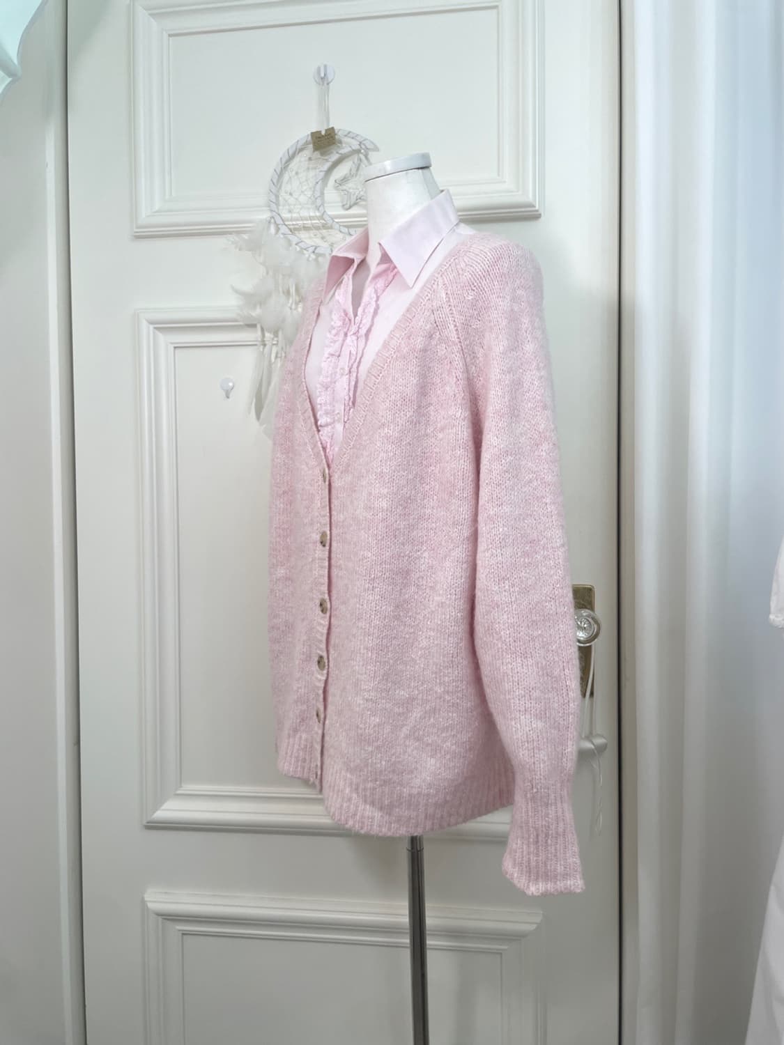 pink melange over back point cardigan 상품이미지2