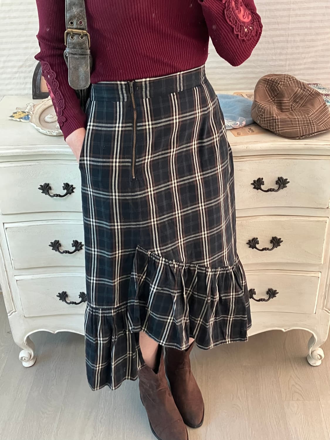 jpn vintage 딥그린 체크 프릴 롱 스커트 y2k 스트릿 갸루 펑 상품이미지3