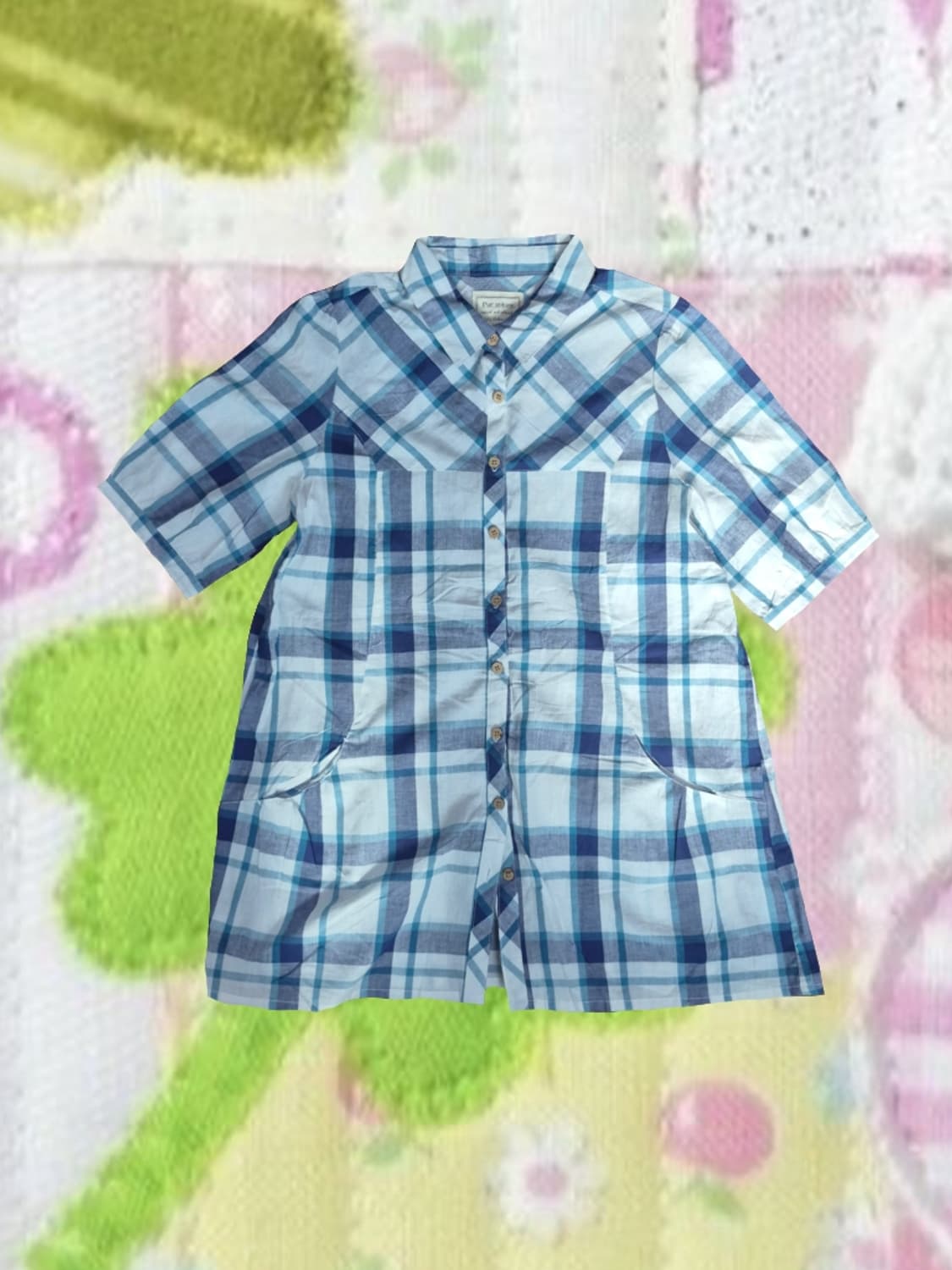 빈티지 모리걸 우드단추 블루 체크 반팔 셔츠 블라우스 상품이미지1